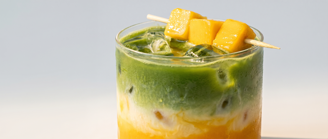 ceremonial matcha tea with mango, dessert like spring drink