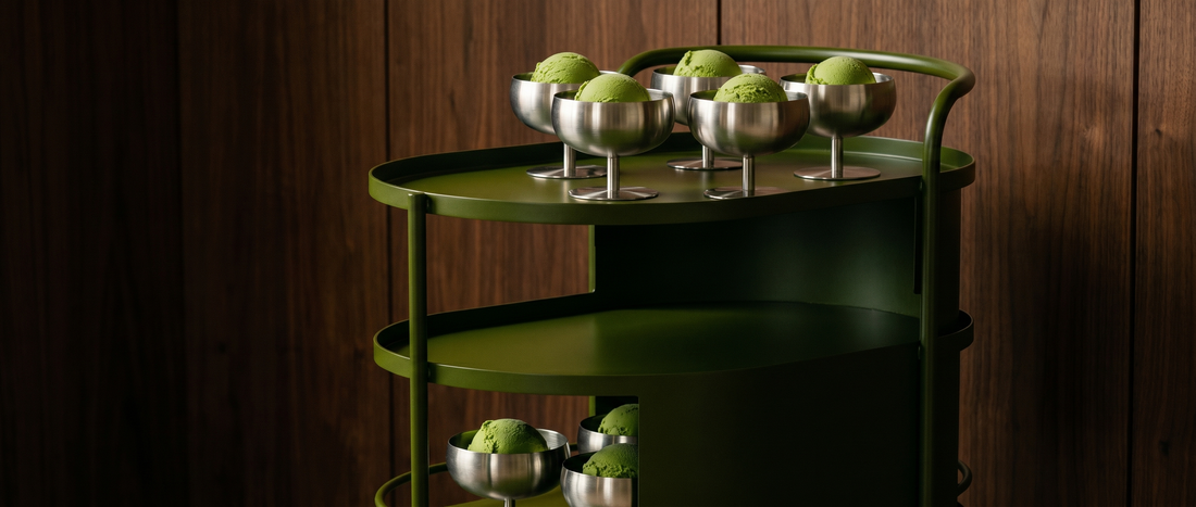 matcha greeen tea ice cream on a green serving cart
