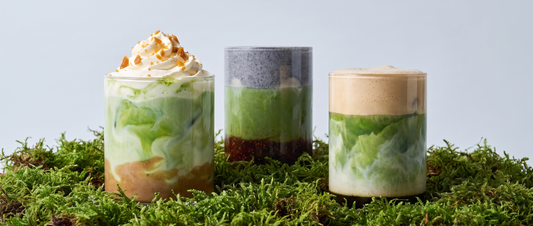 Three autumn matcha drinks with chestnut, black sesame and fig, and brown sugar hojicha cream, arranged in fresh green moss against a soft grey-blue background.