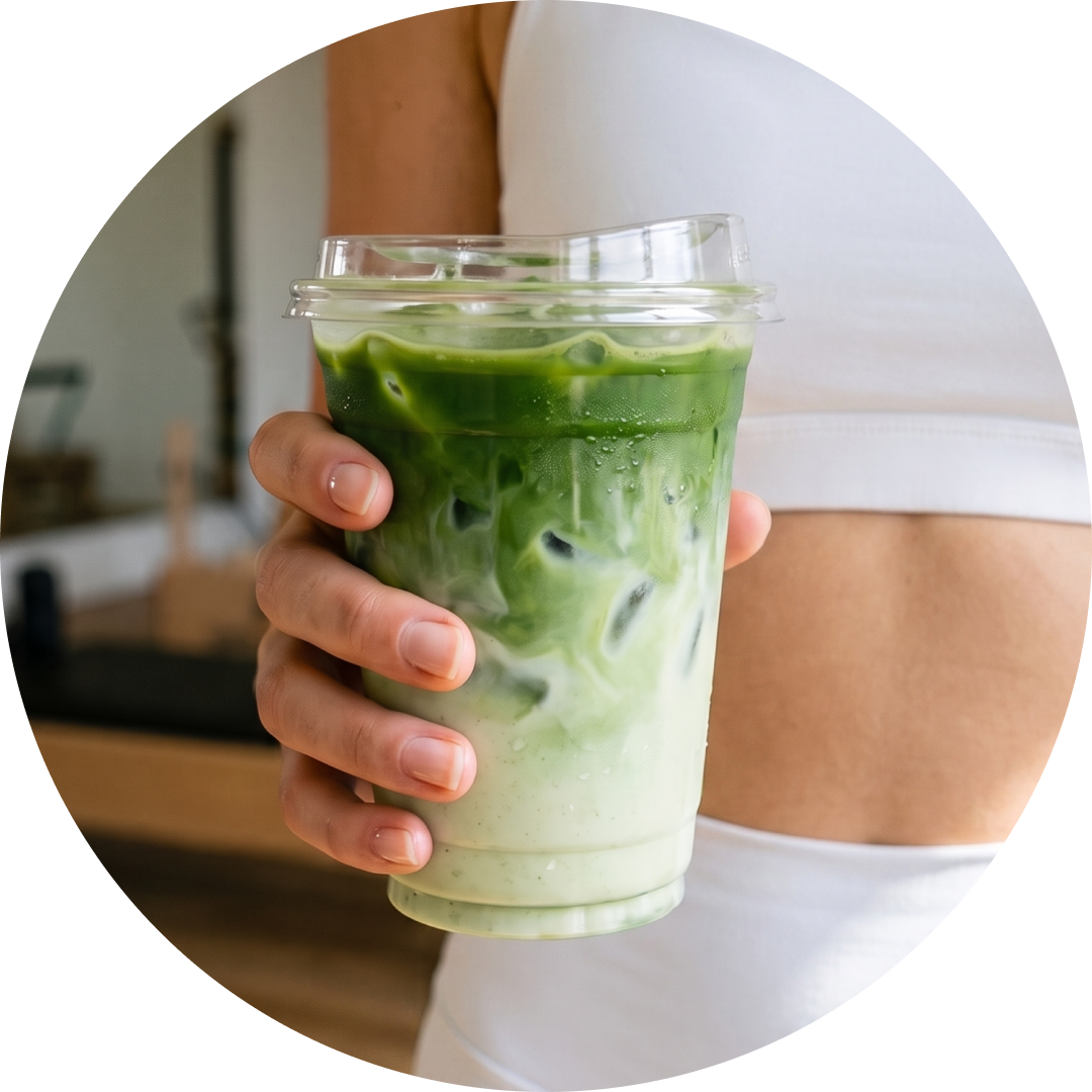 A woman in a white top holds a clear plastic cup of iced matcha green tea with a lid, shown inside a circular frame.