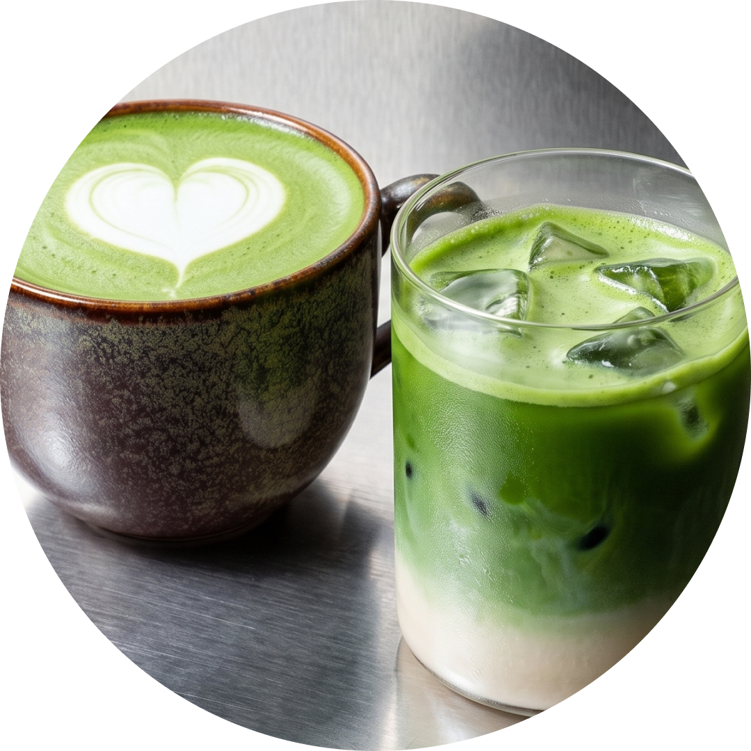 A ceramic mug filled with green matcha latte with a heart-shaped latte art and a clear glass of layered green iced matcha latte on a metallic surface, framed within a circular border.