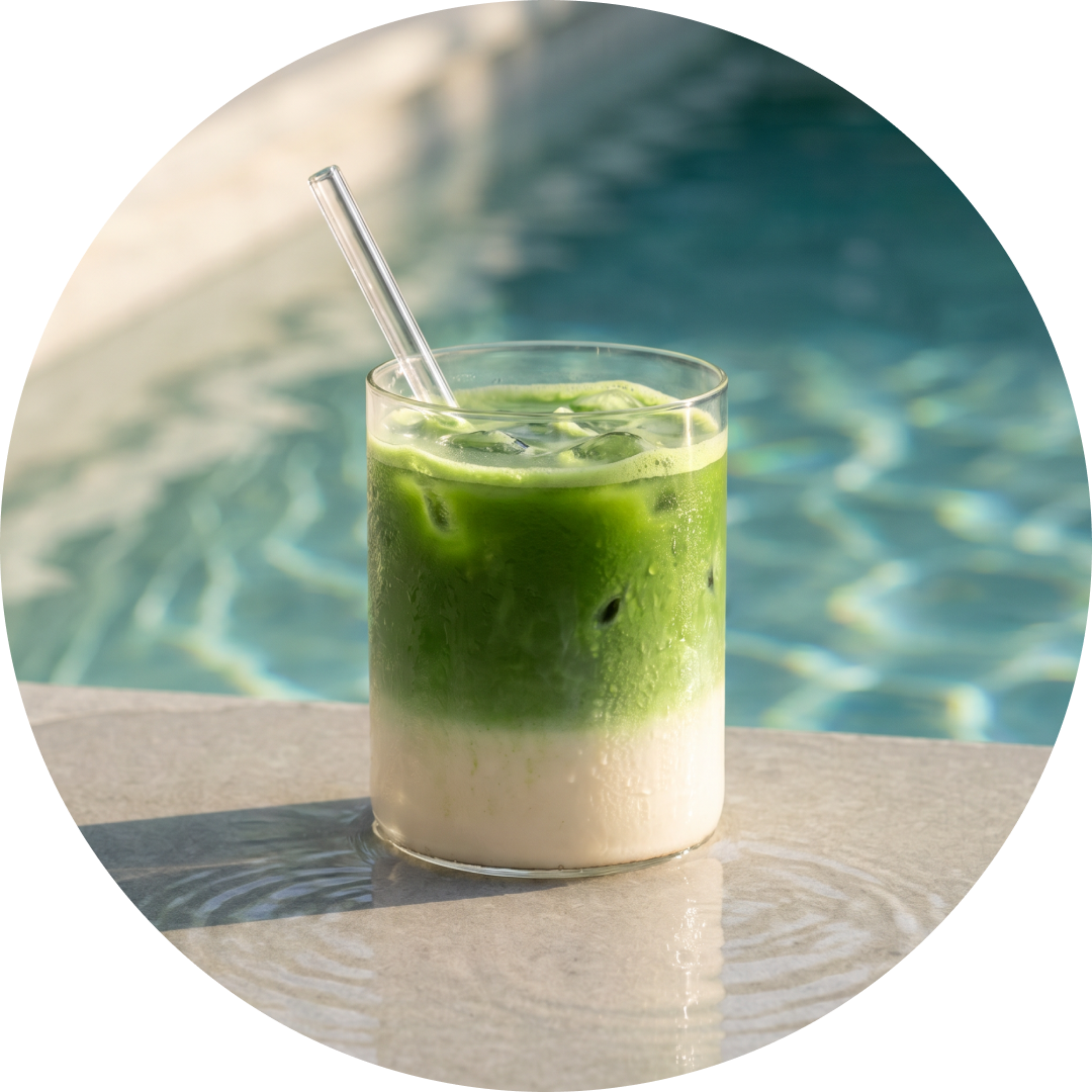 iced matcha latte near swimming pool in the dubai hotel