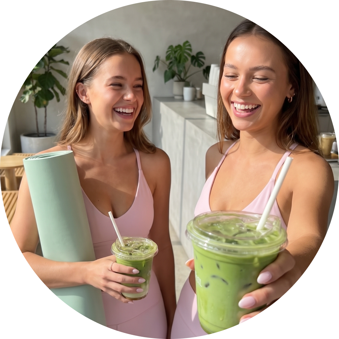 women drink iced matcha latte in a pilates studio in dubai